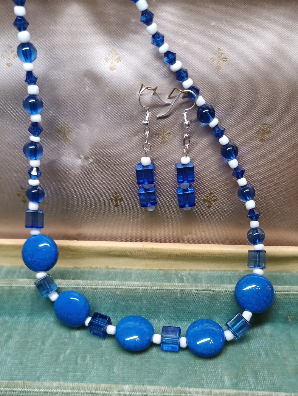 Blue Ceramic Beaded Necklace & Earrings Set - Unbranded